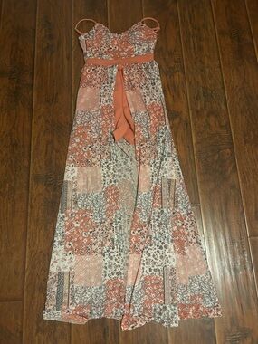 No Boundaries Coral and Cream Patchwork Maxi Dress with Tie Waist